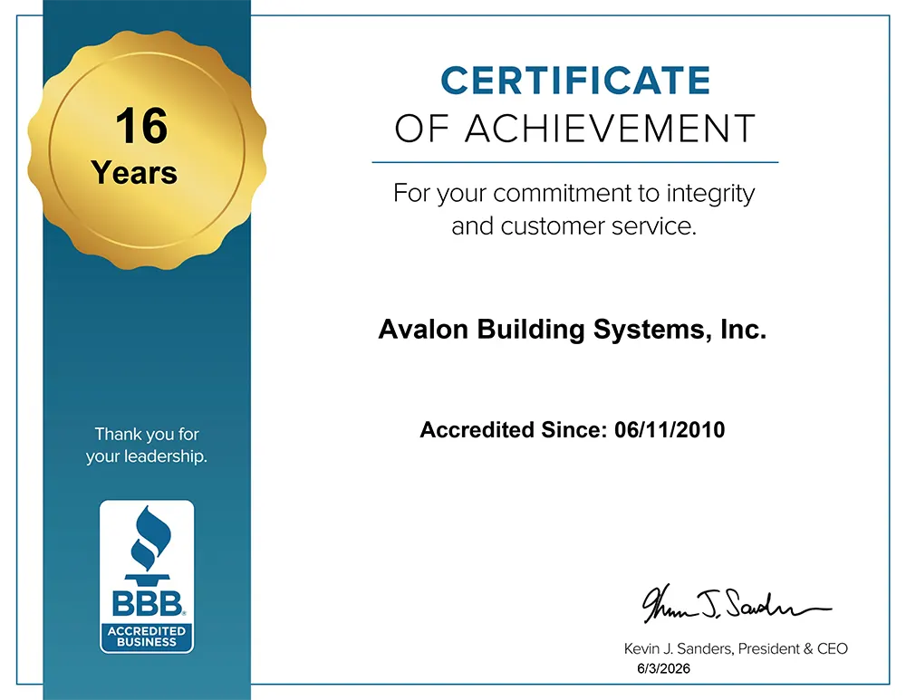 Avalon Building Systems Receives Certificate of Achievement from BBB Avalon Building Systems Receives Certificate of Achievement from BBB